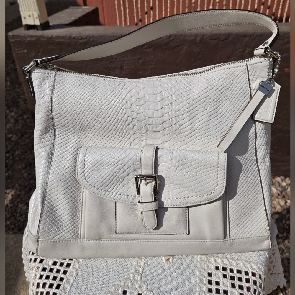 Coach Charlie Python Embossed White Leather Hobo Bag with Front Pocket F31283